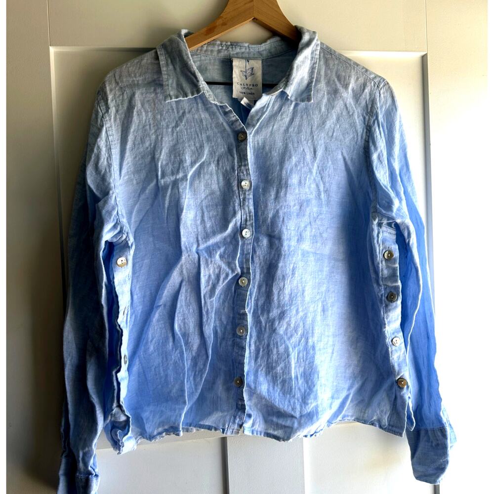 Calypso St Barth 100% Linen Button Down Shirt Long Sleeve Blue XL